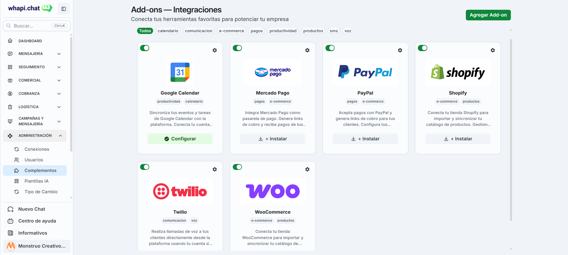 Panel de integraciones con Google Calendar, Mercado Pago, PayPal, Shopify y WooCommerce en whapi.chat