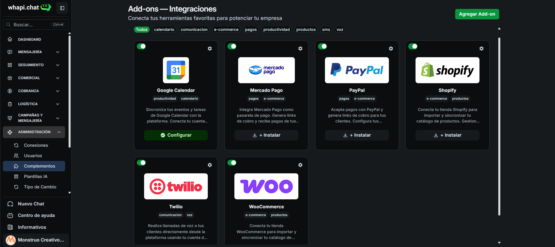 Panel de integraciones con Google Calendar, Mercado Pago, PayPal, Shopify y WooCommerce en whapi.chat