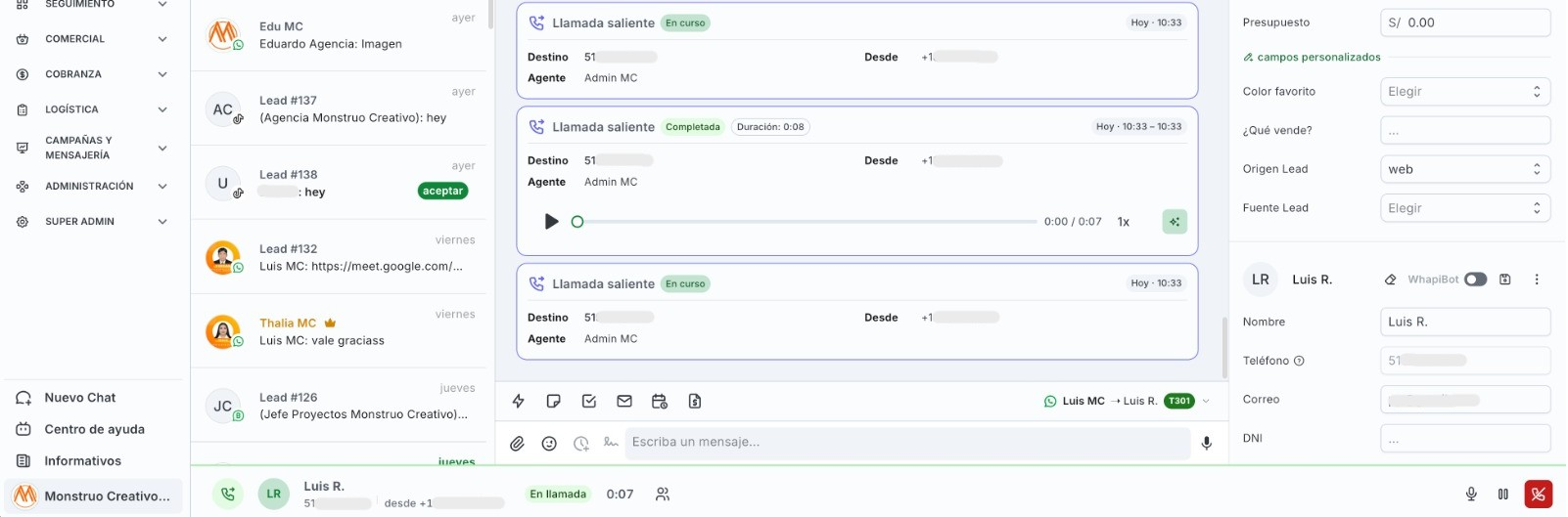 Interfaz de llamadas Twilio integrada en whapi.chat