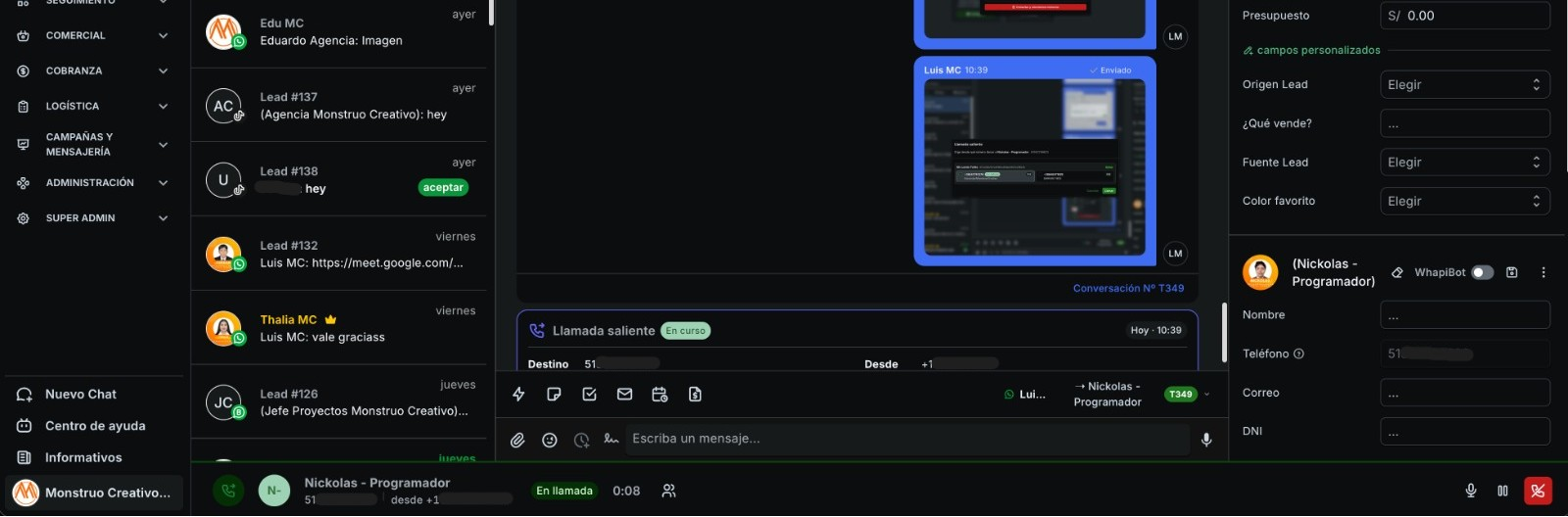 Interfaz de llamadas Twilio integrada en whapi.chat