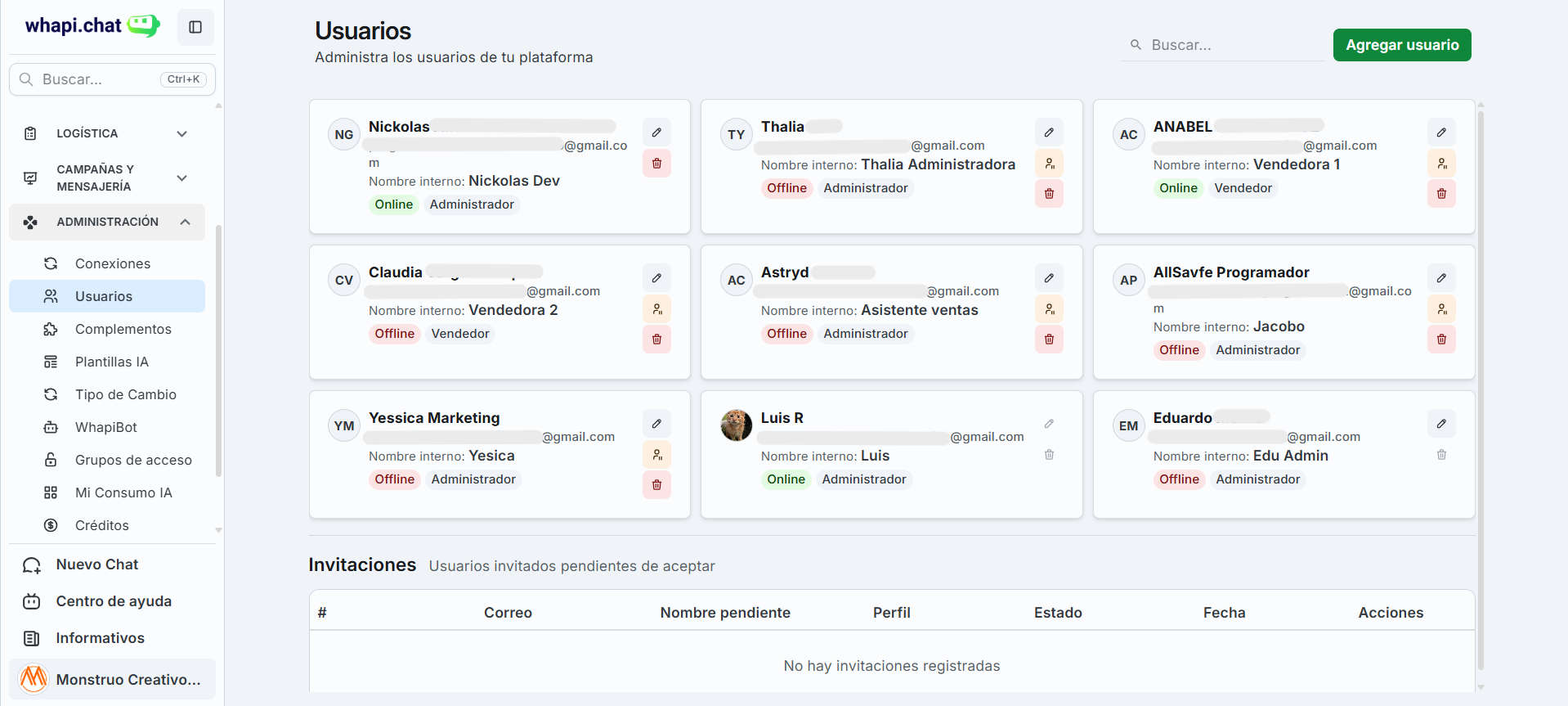 Panel de usuarios e invitaciones para equipos en whapi.chat
