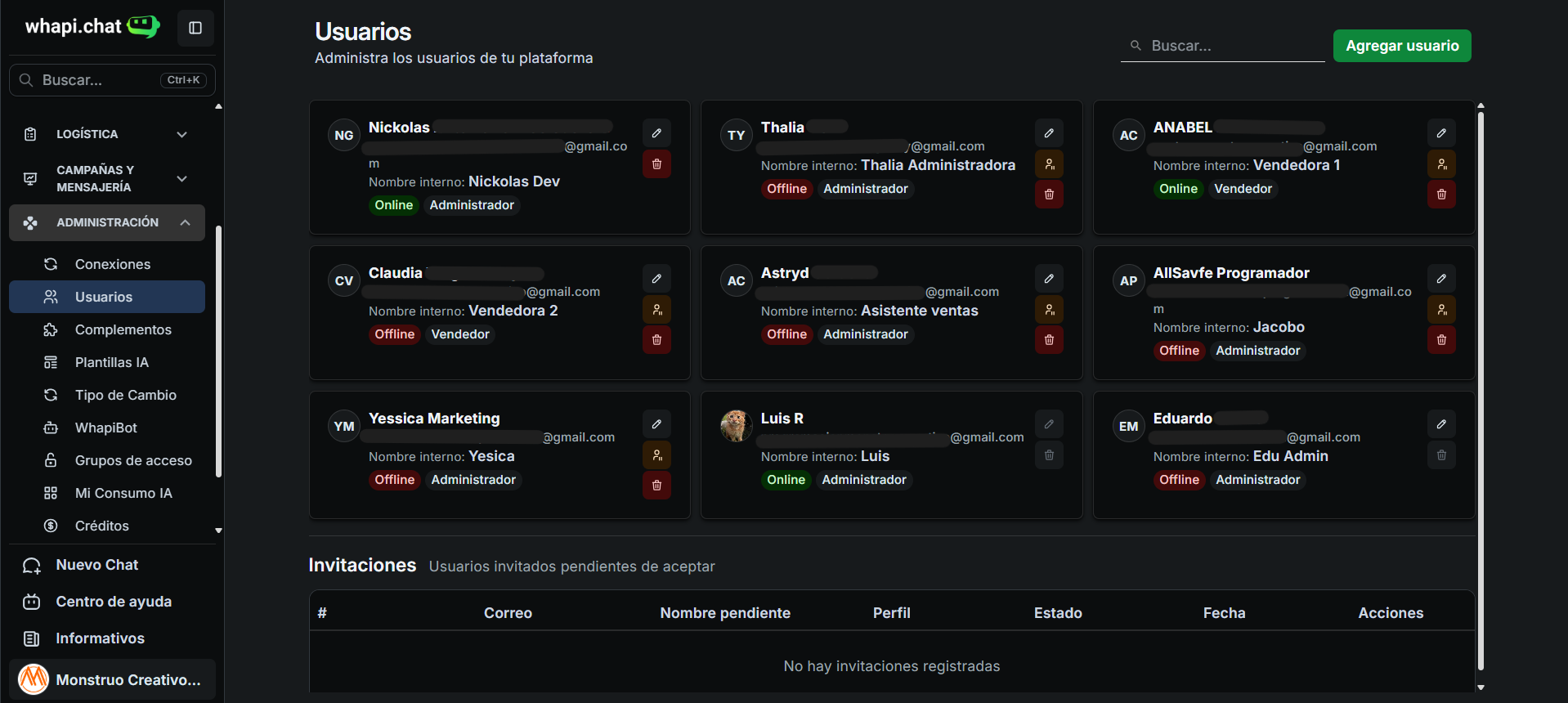 Panel de usuarios e invitaciones para equipos en whapi.chat