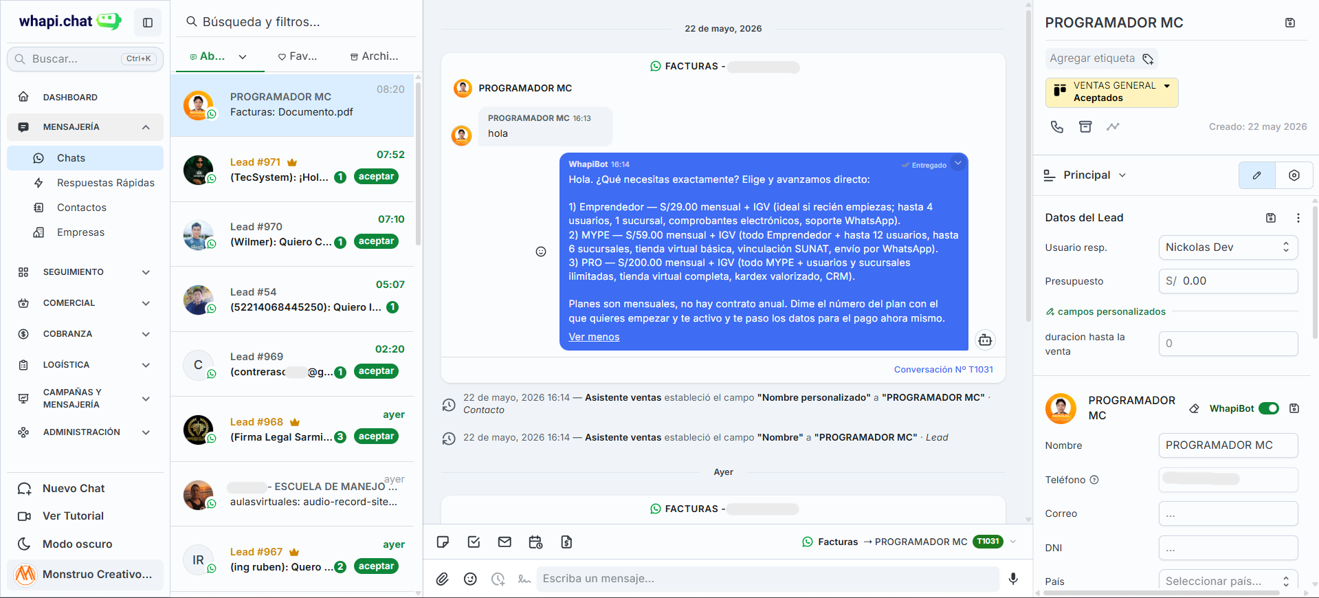 Panel multiagente intuitivo para equipos con whapi.chat
