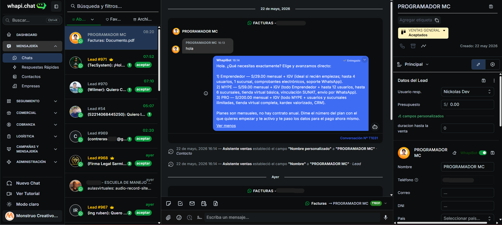 Gestión de clientes en tiempo real con whapi.chat
