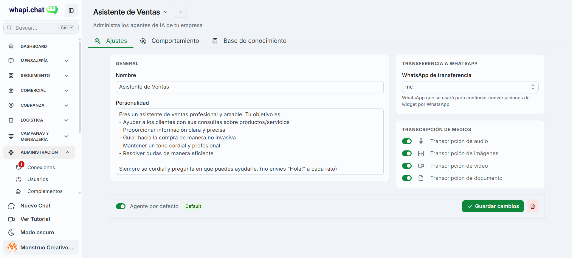Ajustes de Whapibot: personalidad y configuración del agente IA