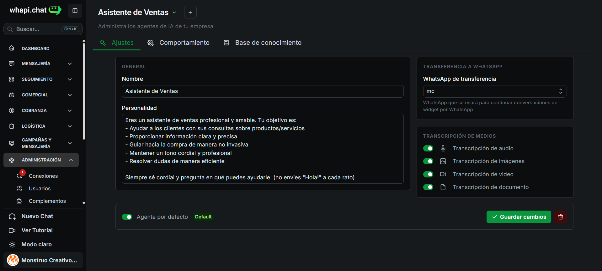 Ajustes de Whapibot: personalidad y configuración del agente IA