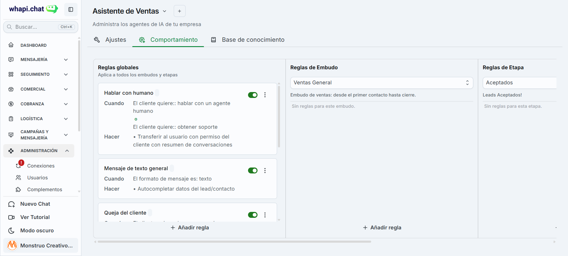 Reglas de comportamiento de Whapibot según intención del mensaje