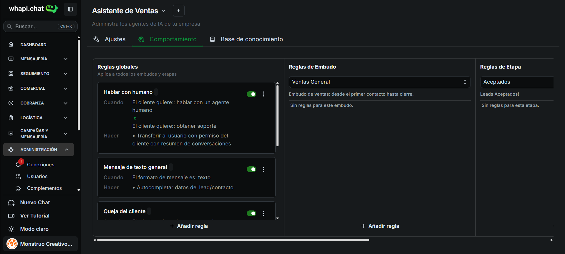 Reglas de comportamiento de Whapibot según intención del mensaje